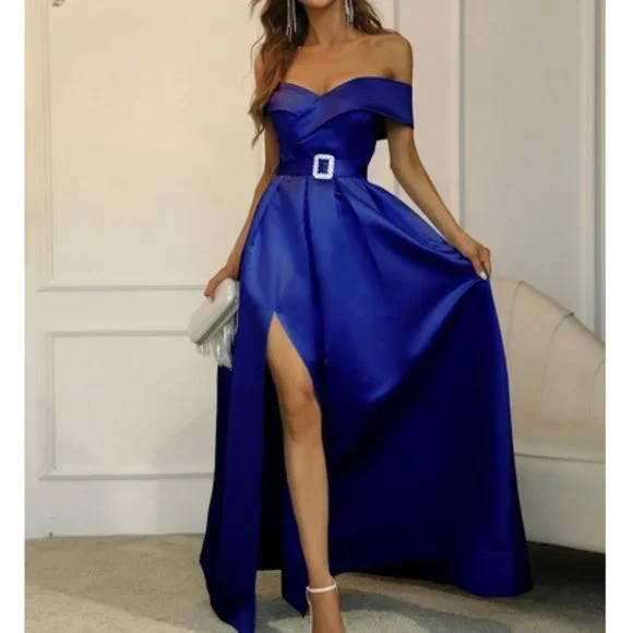 Moda Me Couture Dresses | Chic Off Shoulder Boxy Pleated Split Thigh Prom Maxi Dress Blue | Color: Blue | Size: 6 | Pm-04868377's Closet Moda Me Couture Dresses | Chic Off Shoulder Boxy Pleated Split Thigh Prom Maxi Dress Blue | Color: Blue | Size: 6 | Pm-04868377's Closet